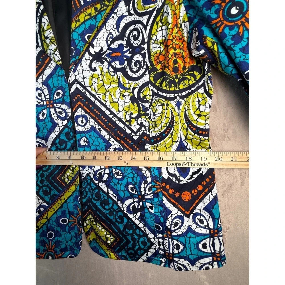 Chico's Batik Geometric Print Blazer Jacket Womens 3 Large Blue Cotton Blend